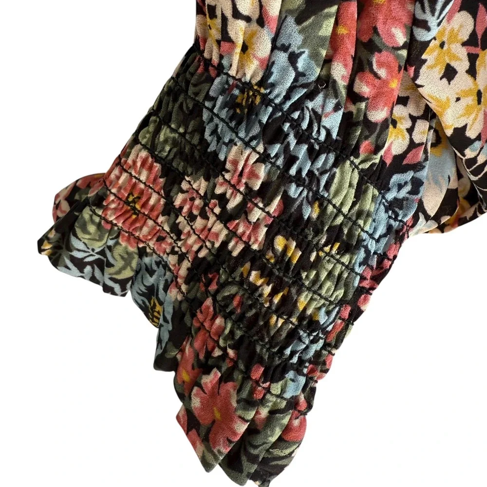 LOFT Bouquet Floral Flirty V-Neck Puff‎ Sleeves Ladies Multi Color Blouse, L
